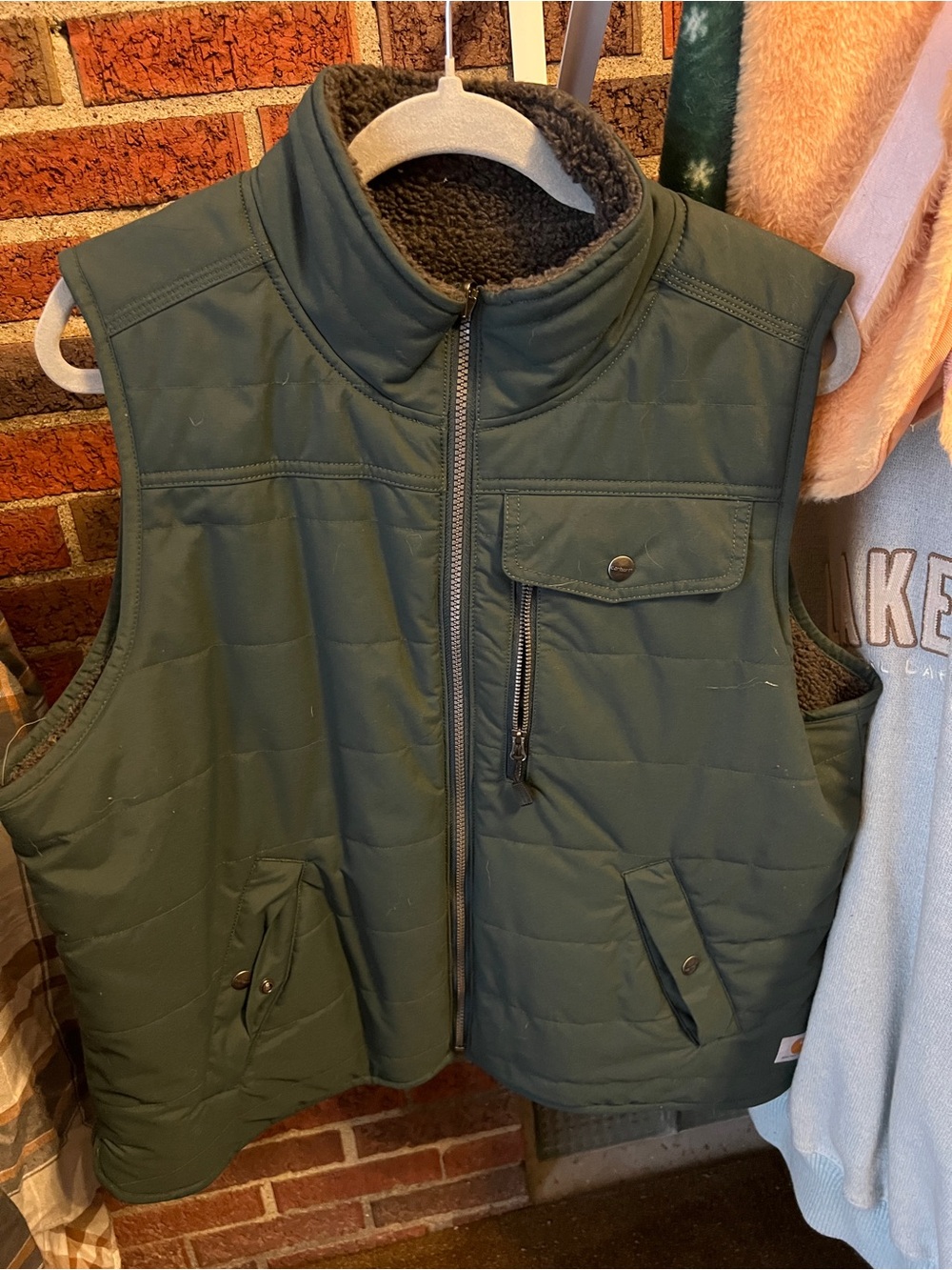 Carhartt Forest Green Quilted Jacket with Orange Logo Patch